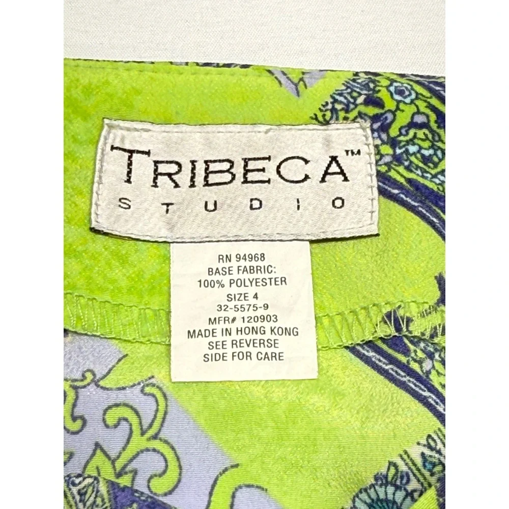 Tribeca Studio Lime Green Floral Patchwork Beaded Fringe A-Line Skirt‎ Size 4
